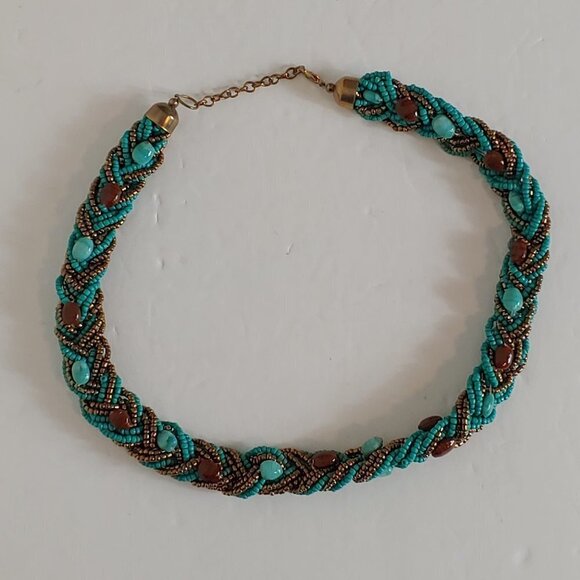 Twisted Rope Chunky Necklace Choker Turquoise Seed Bead Boho Statement Jewelry - Picture 3 of 7